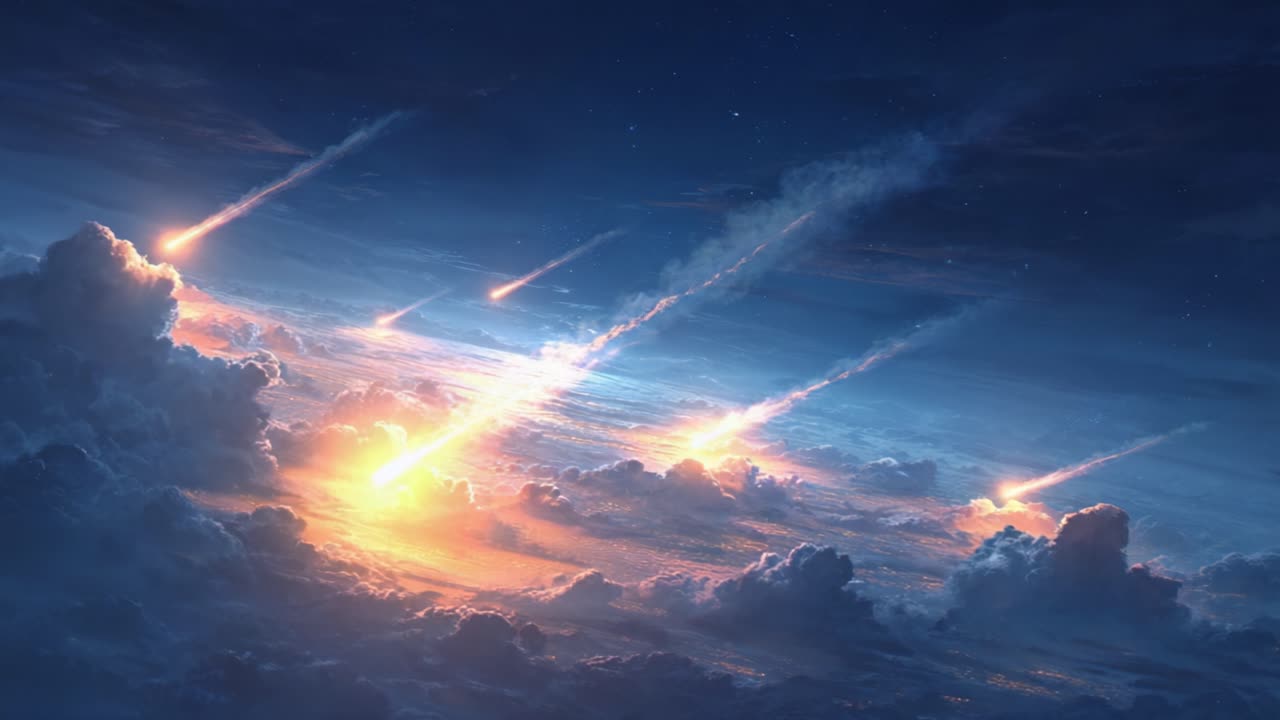 A Stunning Display of Celestial Phenomena: Multiple Meteors and Comets Racing Across the Night Sky, Illuminating the Clouds with Dazzling Light and Color