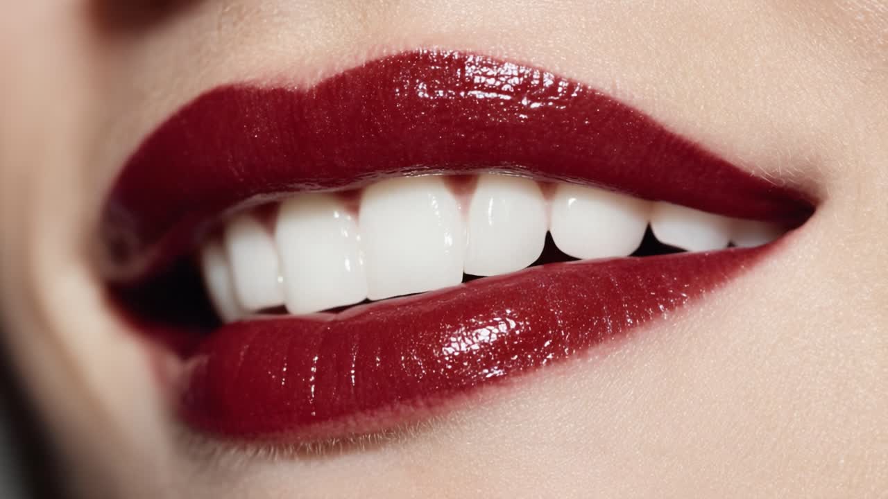 Close-Up of Glossy Red Lips and Bright White Teeth Showcasing the Beauty of a Perfect Smile with a Focus on Luscious Texture and Vibrant Color
