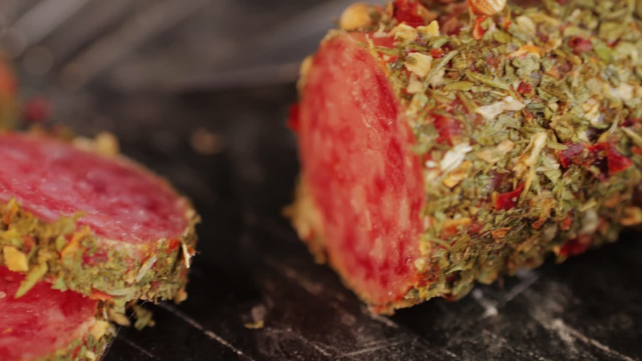 Mix of spanish pork sausages, Cutting board of appetizing catalonian snack - fuet, jamon, chorizo, olives, supermarket tapas food in spain, traditional cuisine.