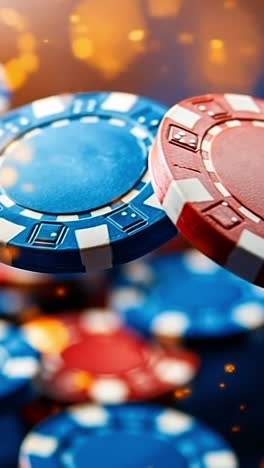 colorful chips scattered on a table. bright red and blue poker chips are scattered across a casino table with a blurred background full of lights.
