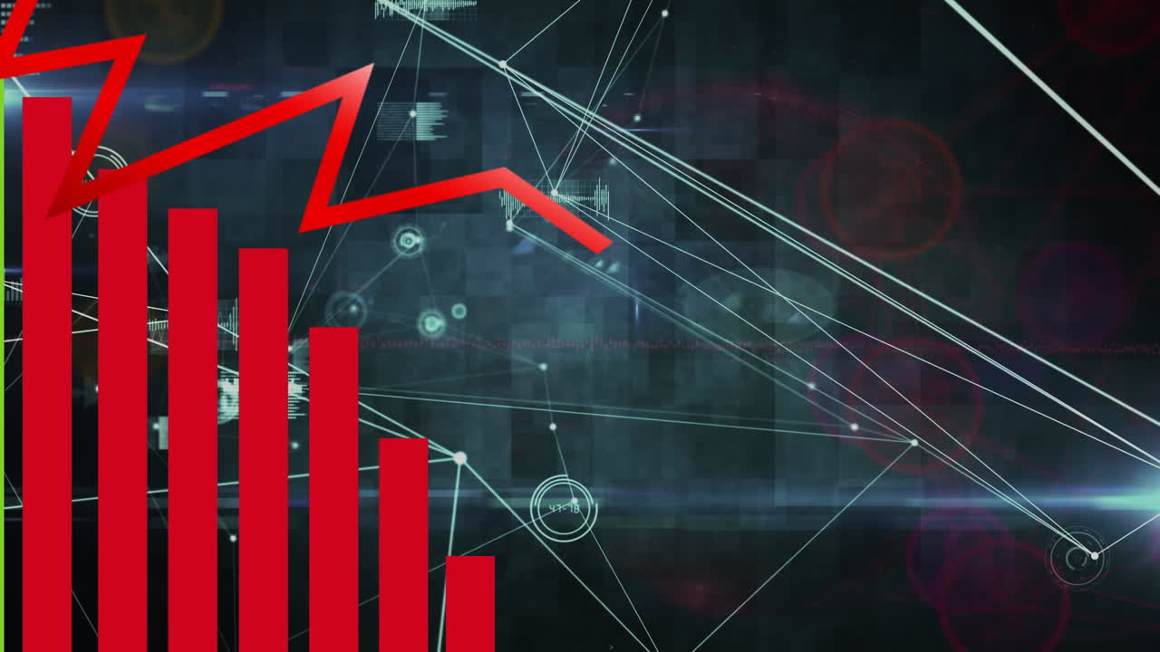 Animation of graph over network of connections with data processing on dark background