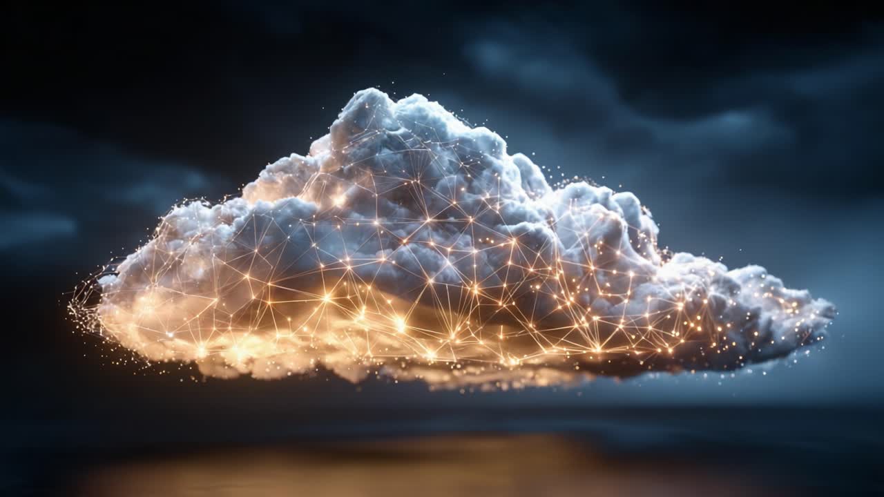 A Stunning Visualization of a Cloud Illuminated with Glowing Particles and Network Connections, Set Against a Dark, Dramatic Sky Background