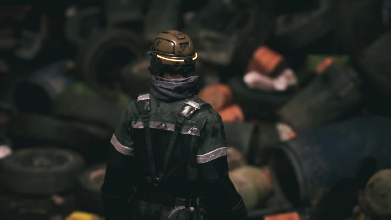 Worker inspecting debris in a waste management facility during evening hours