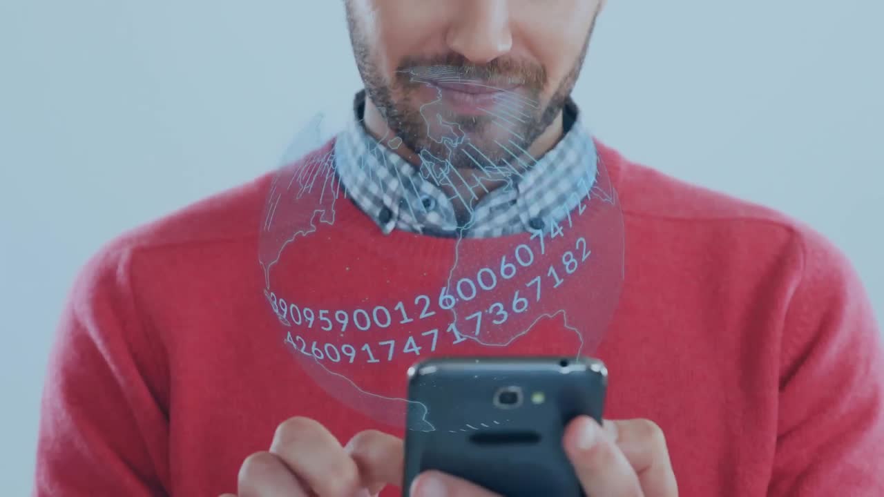 animación de un globo giratorio y procesamiento de datos sobre el hombre utilizando un teléfono inteligente