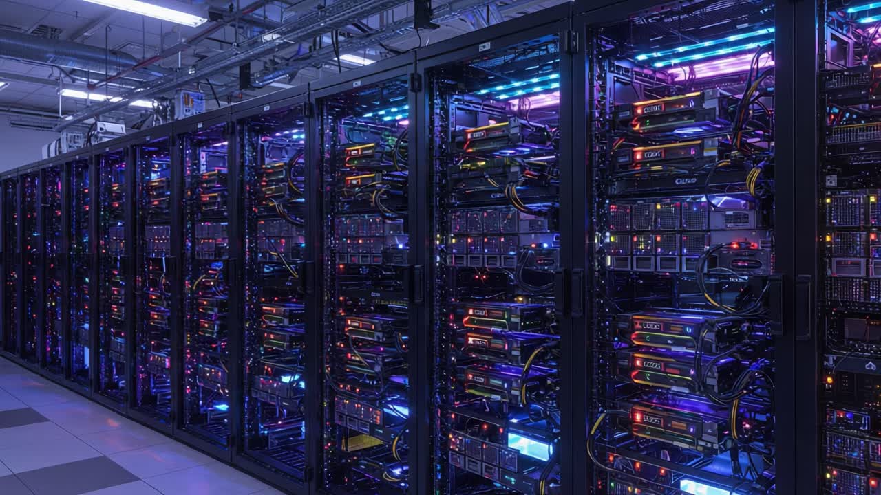 A Vibrant Display of Advanced Server Technology: Illuminated Racks Filled with High-Performance Servers in an Organized Data Center Environment