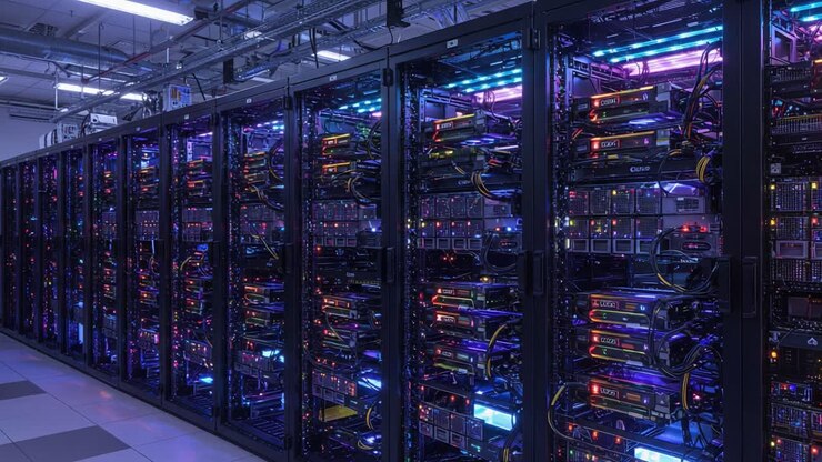 Una vivace esposizione di tecnologia server avanzata: rack illuminati pieni di server ad alte prestazioni in un ambiente di data center organizzato.