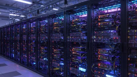 a vibrant display of advanced server technology: illuminated racks filled with high-performance servers in an organized data center environment