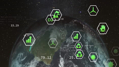 animation of network of eco and environmentally friendly icons over globe