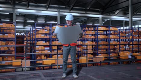 cuerpo lleno de ingeniero masculino asiático con casco de seguridad mirando el plano en sus manos y mirando a su alrededor mientras estaba de pie en el almacén con estantes llenos de bienes de entrega