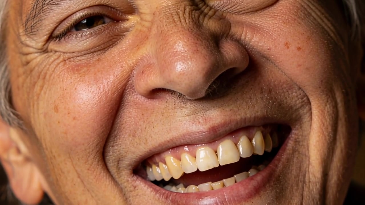 Reagendo a una battuta fuori campo, un uomo anziano trasforma il sorriso in risata in studio, mostrando denti e rughe.