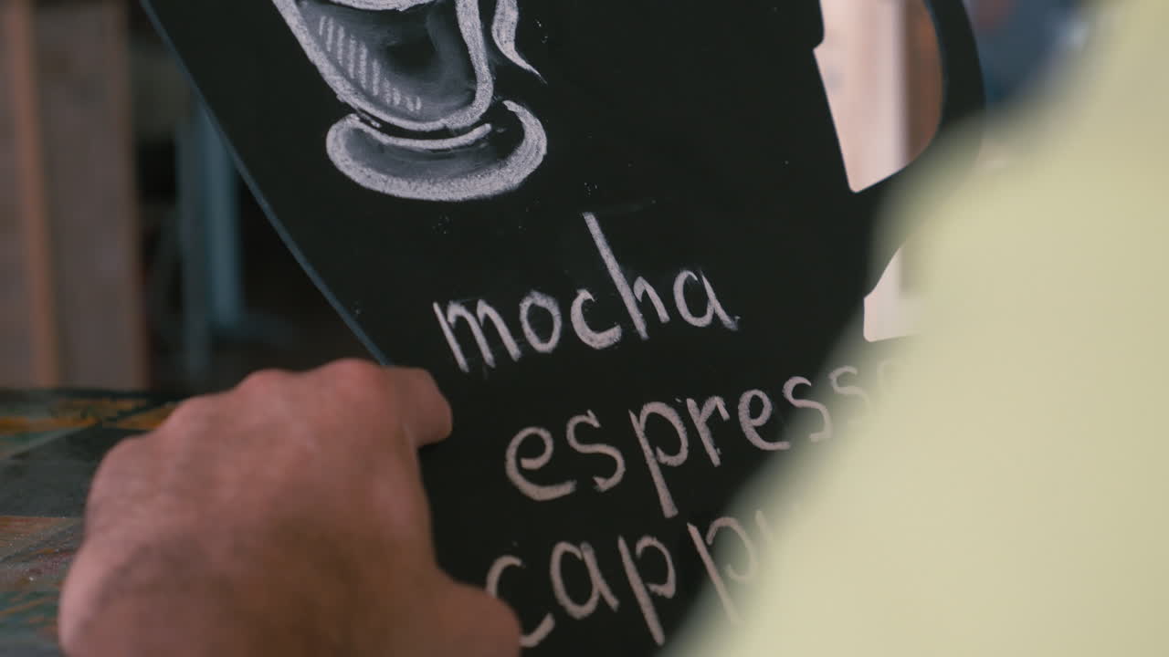 Mand skriver kaffemenu på kridttavle på en café.