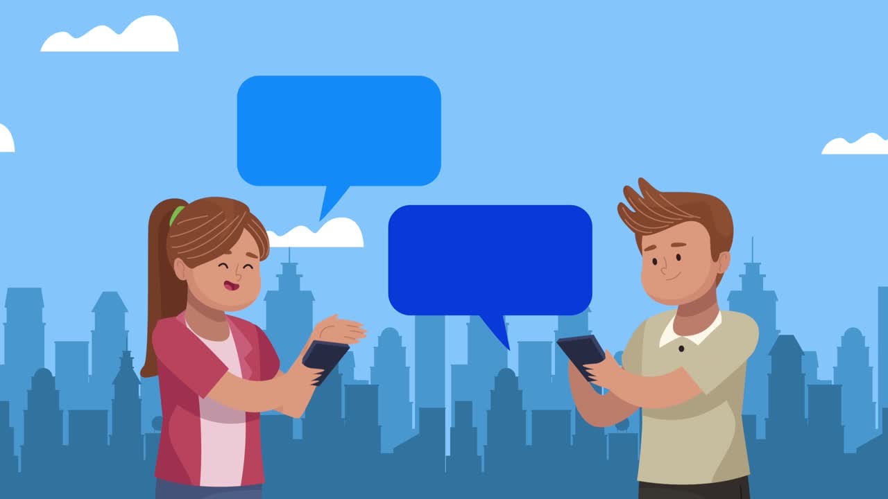 pareja comunicándose con teléfonos inteligentes en la ciudad