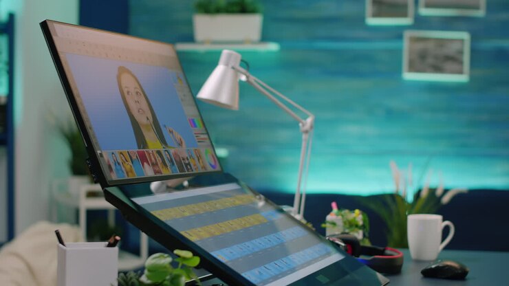 Close up of retouching app on computer in empty workplace