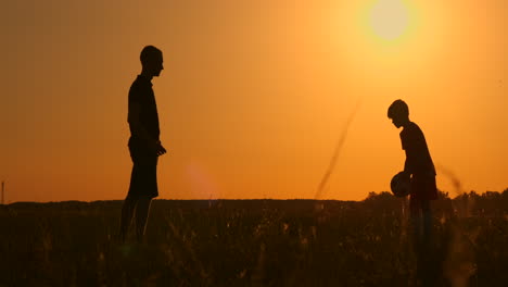 padre e hijo jugando al fútbol en el parque al atardecer siluetas contra el telón de fondo de un sol brillante disparo a cámara lenta.