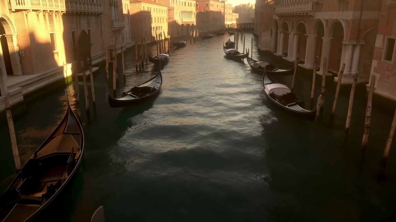 Escena histórica de un canal con varias góndolas amarradas junto a edificios antiguos frente al agua, vista desde un nivel bajo del agua mientras el agua ondulada conduce hacia arcos distantes y fachadas iluminadas por el sol bajo una cálida luz del atardecer.