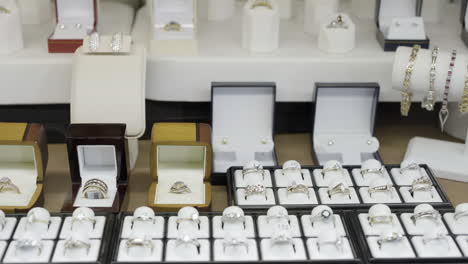 Assortment-of-Rings-in-a-Jewelry-Display-Case,-Push-In