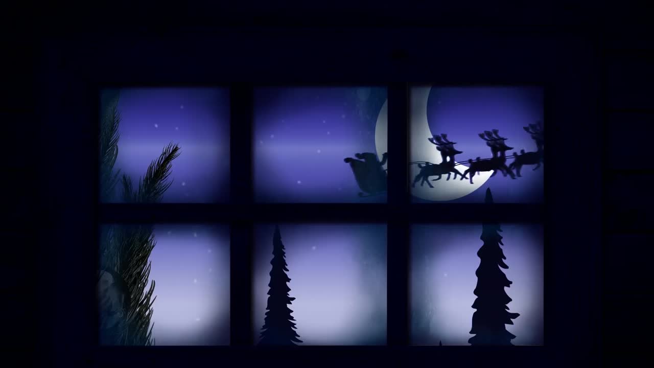 Animation of santa claus in sleigh with reindeer in christmas winter scenery seen through window