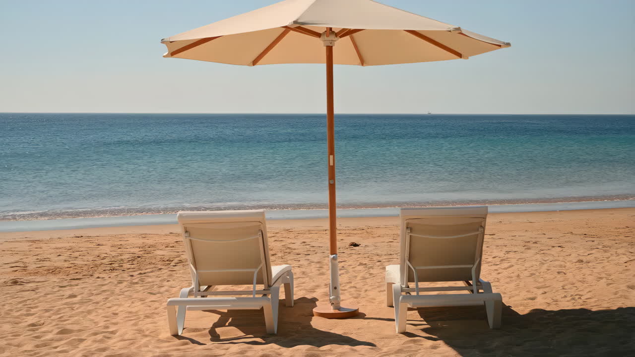 Sedie a sdraio vuote e ombrellone su una spiaggia serena