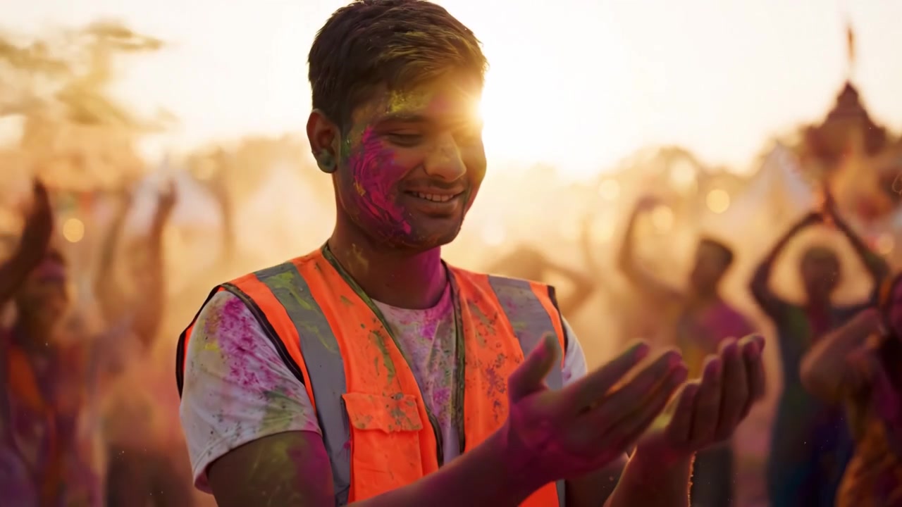 Scena di festival vivace con celebrazione Holi di polveri colorate, che evidenzia l'atmosfera gioiosa di colore e coinvolgimento della comunità a un evento all'aperto.