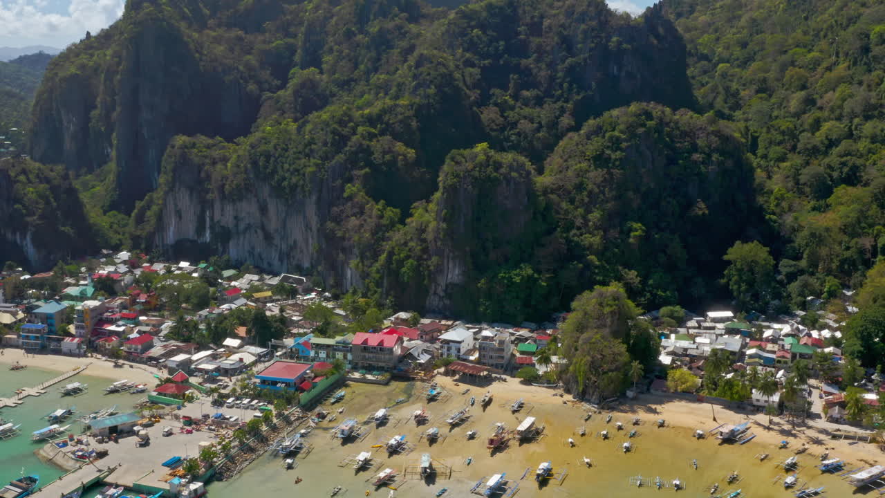 El Nido Coastal Town Aerial View with Boats and Cliffs