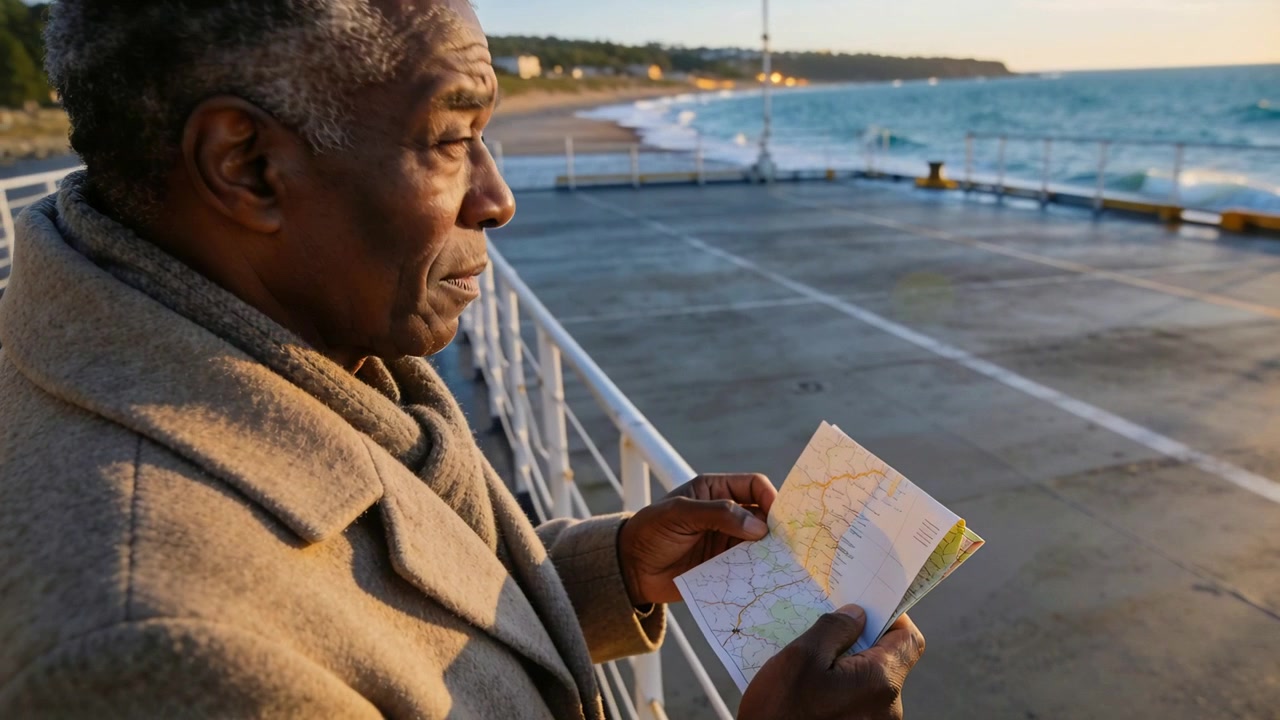 Studying senior man holding map on pier in beige coat waves splashing, choosing route, copy space