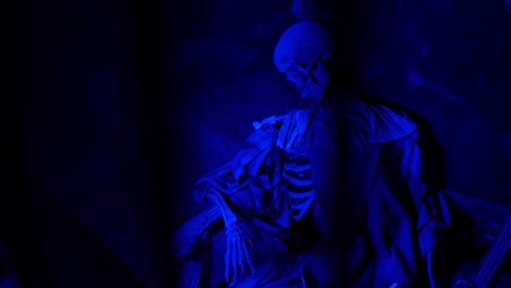 skeleton in blue light behind bars