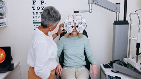 ophthalmologist, woman and phoropter for eye exam