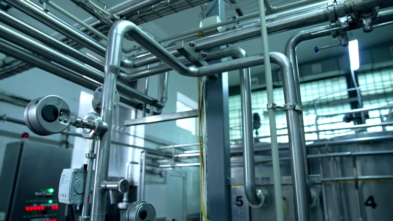 New technological milk factory with steel tubes. Diary food industry milk manufacturing. Close look at the pipelines.
