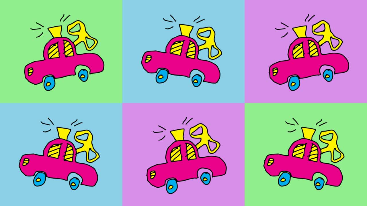 Sfondo continuo pop art con disegni di bambini a tema macchinina giocattolo