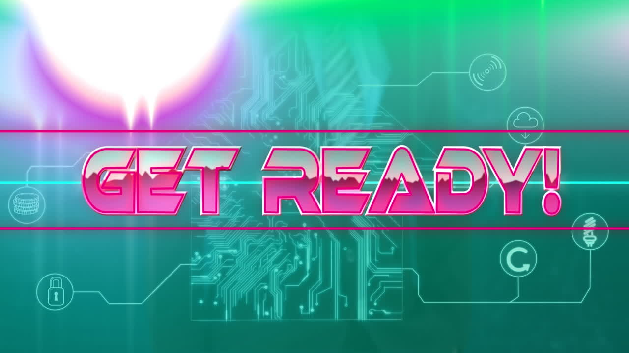 Get ready text on neon banner against microprocessor connections forming a house on green background