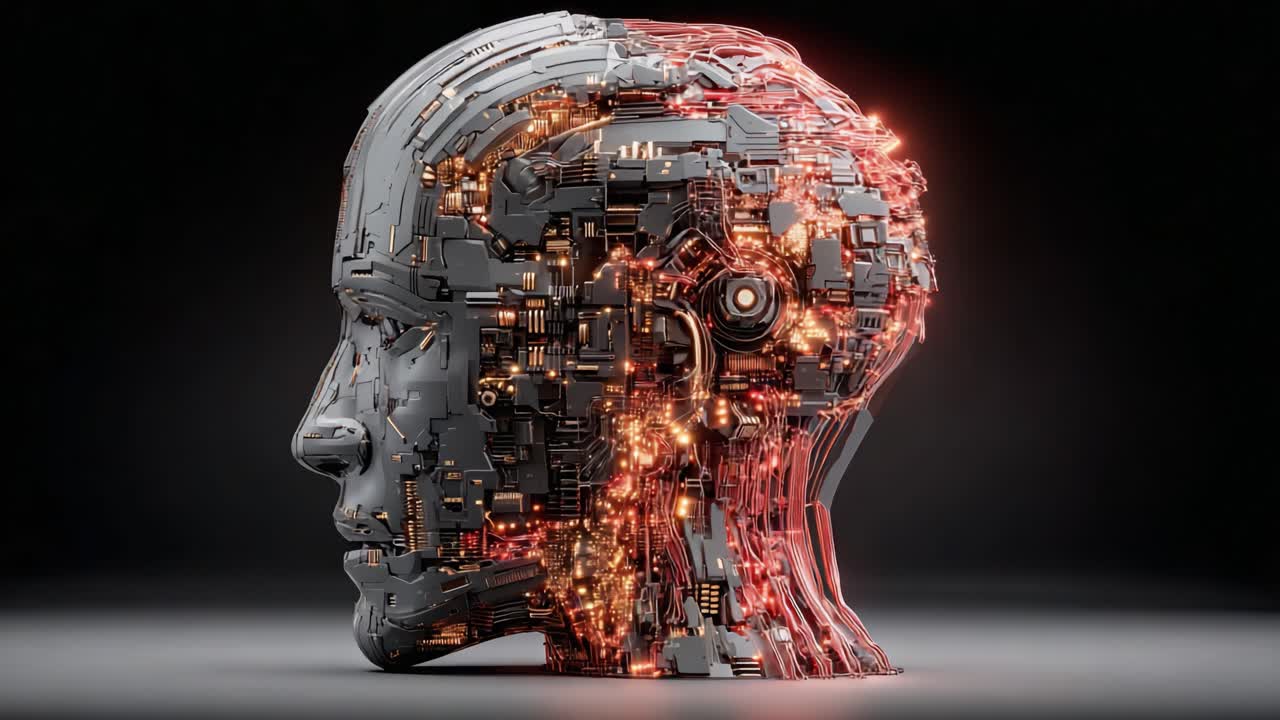 A Stunning Representation of a Futuristic Cybernetic Head, Merging Technology and Human Elements with Electrifying Details and Intricate Circuit Designs