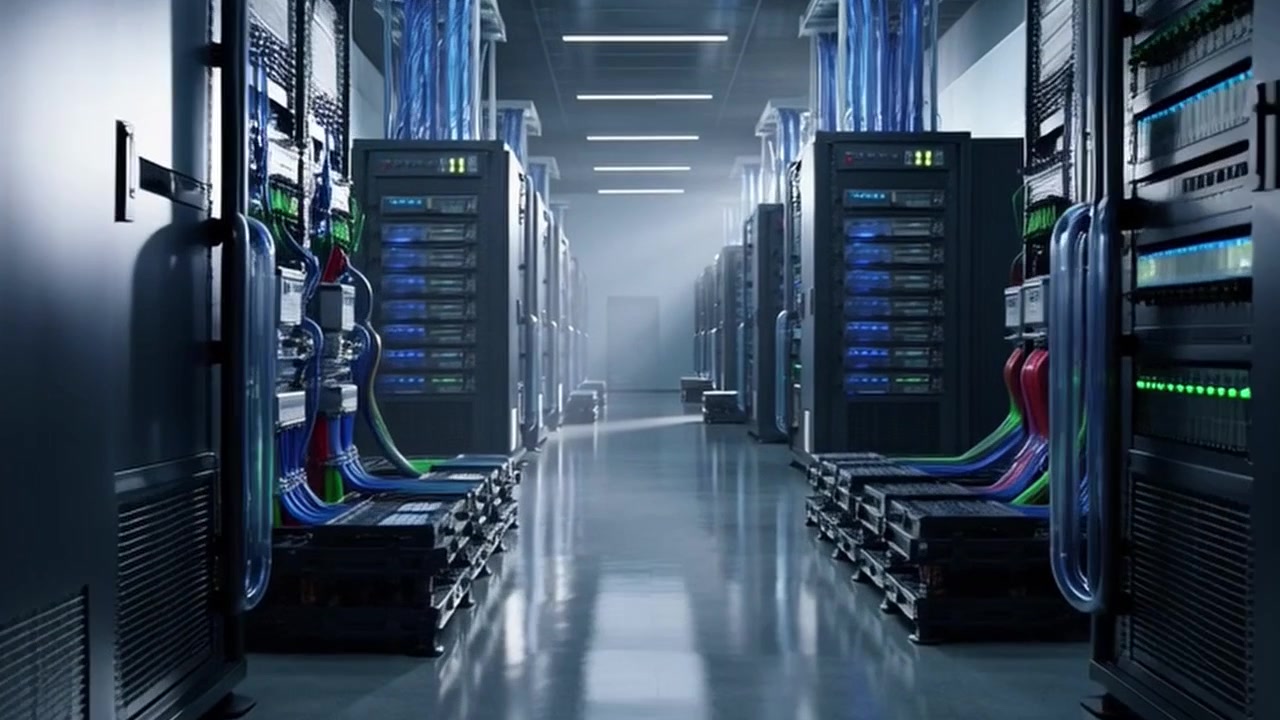 Modern Data Center Server Room with Rows of Racks