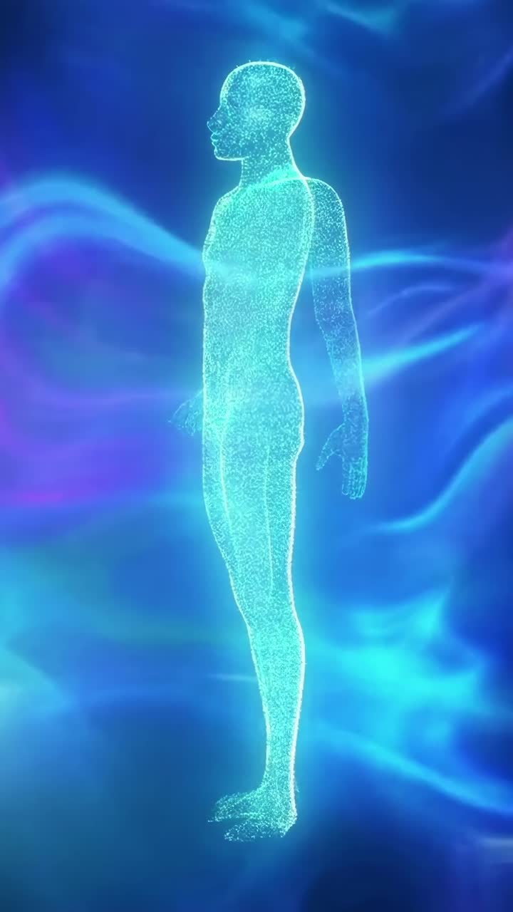 Zijaanzicht van een gloeiende digitale menselijke figuur in een kosmische omgeving, perfect voor een sciencefictionvideo