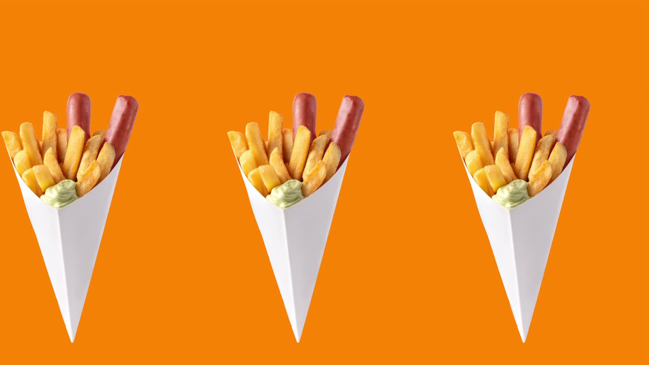 크립스 프라이드 골든 감자 스, 그릴 소시지, 김과 오렌지색 배경의 소스, 광고를 위한 패스트푸드 개념, 복사 공간, 원활한 루핑 패턴 애니메이션