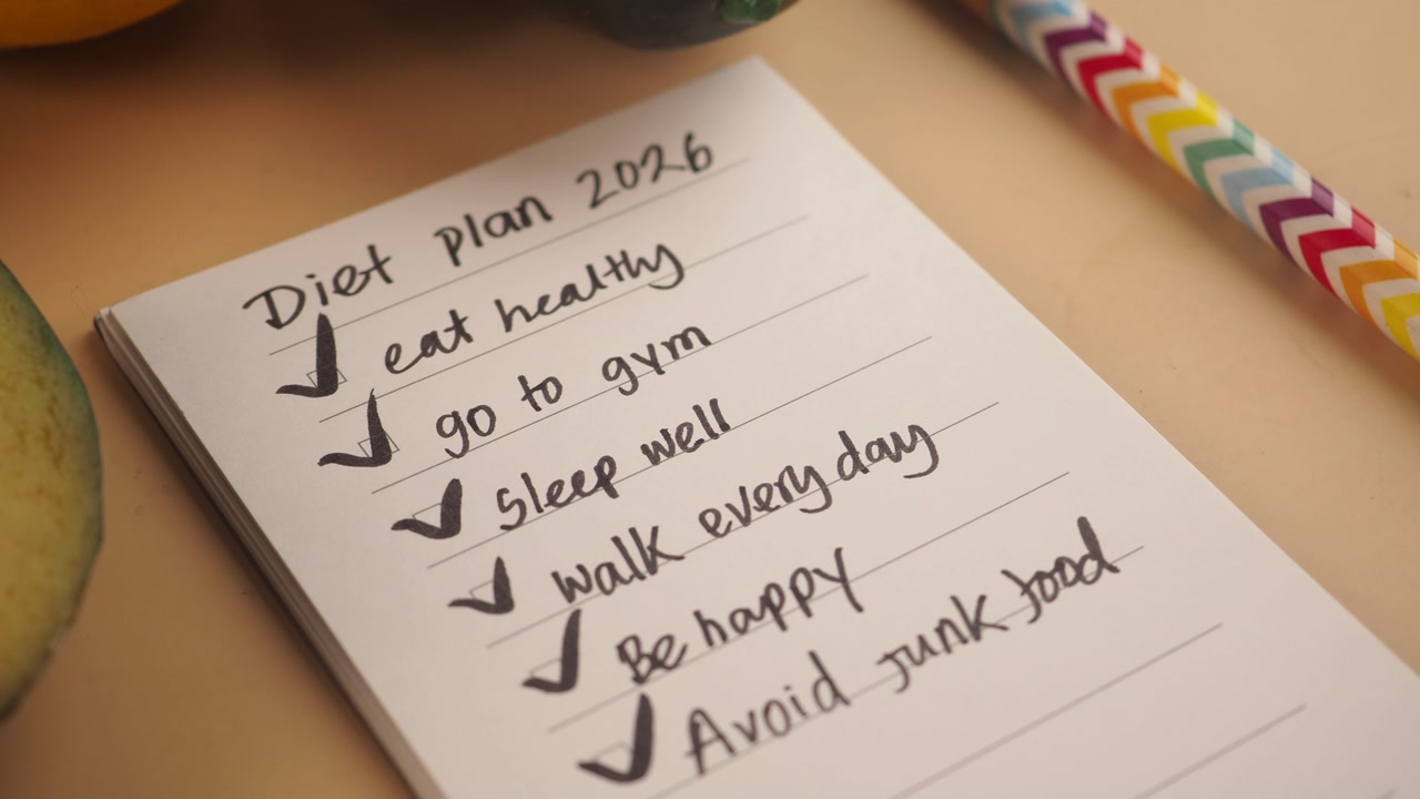 Close-up of a Diet Plan 2026 Checklist with Checked Goals