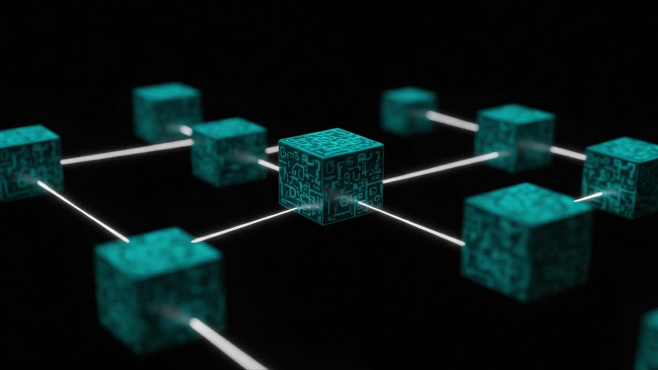 Exploration of Blockchain Technology Illustrated Through Connected Cubes in a Dark Environment, Showcasing the Digital Network Structure and Interconnectedness