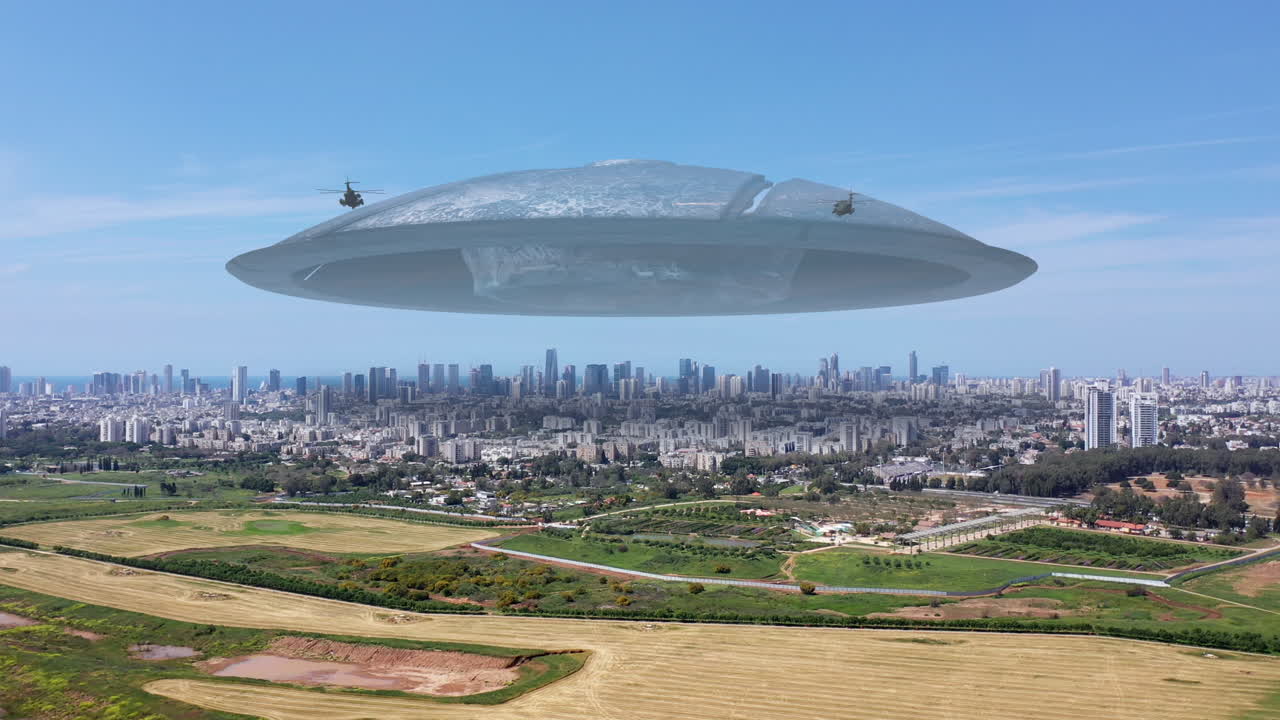 UFO and Helicopters Hovering Over a City Skyline