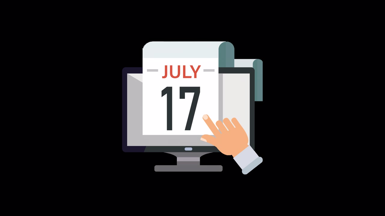 Mano animata che clicca il 17 luglio su un calendario digitale su un monitor di computer