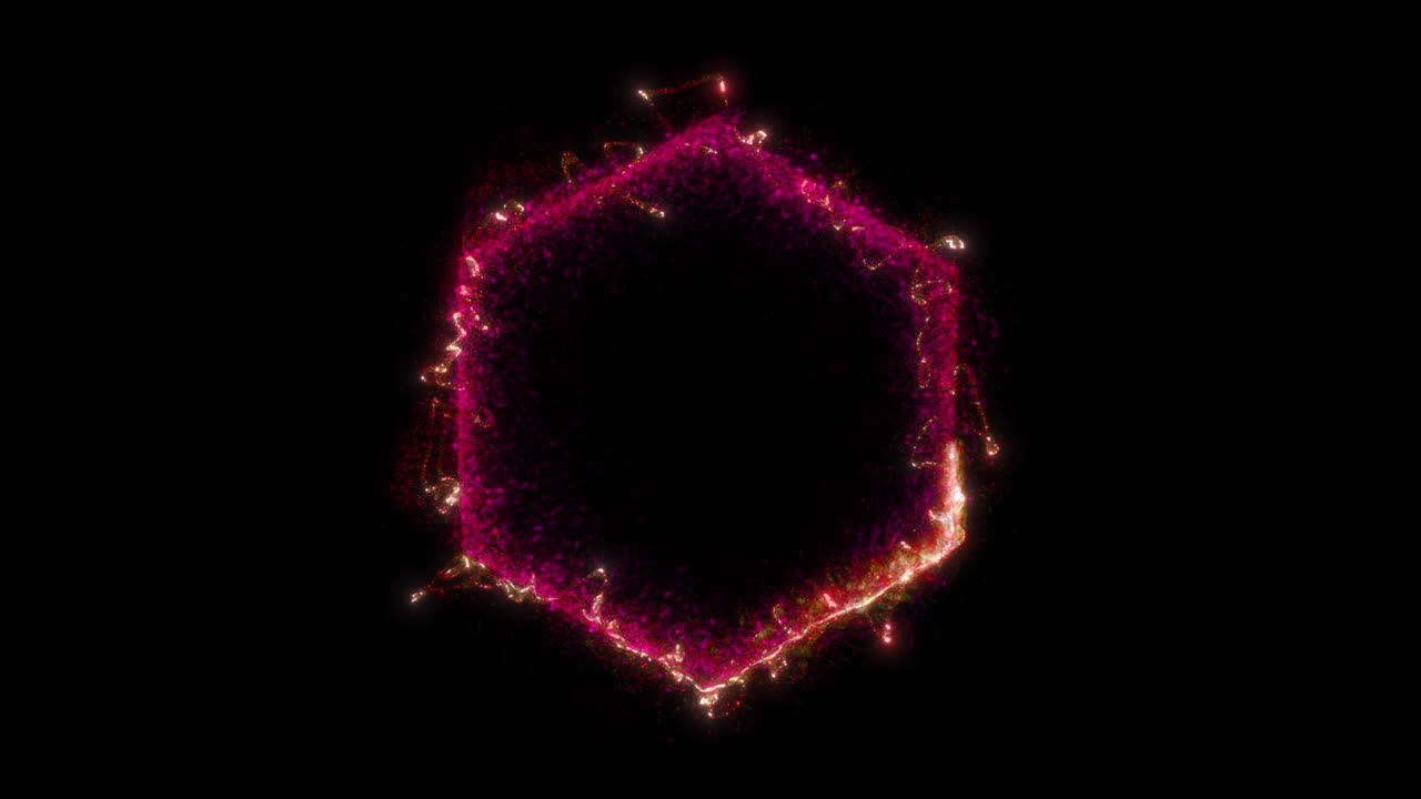 animación de un portal rojo hexagonal formado por partículas y ráfagas de energía aisladas en fondo negro con alpha luma matte vfx cg 4k.