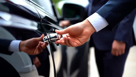 person in a suit opening a car door