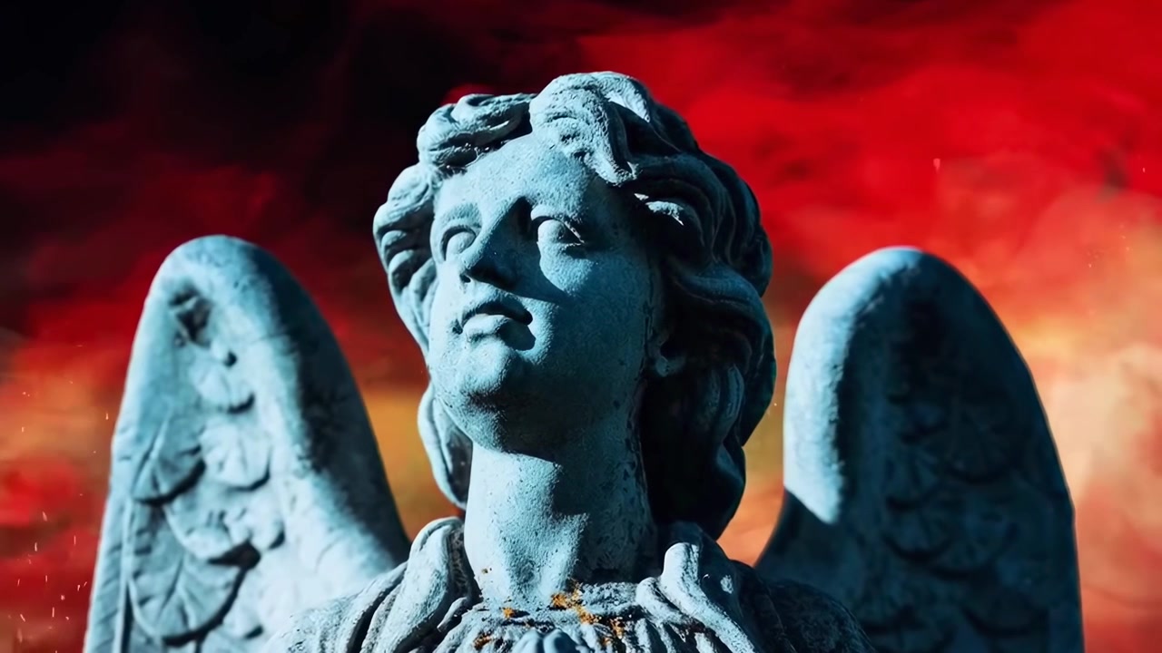 Angel Statue with Wings Against a Dramatic Red Sky