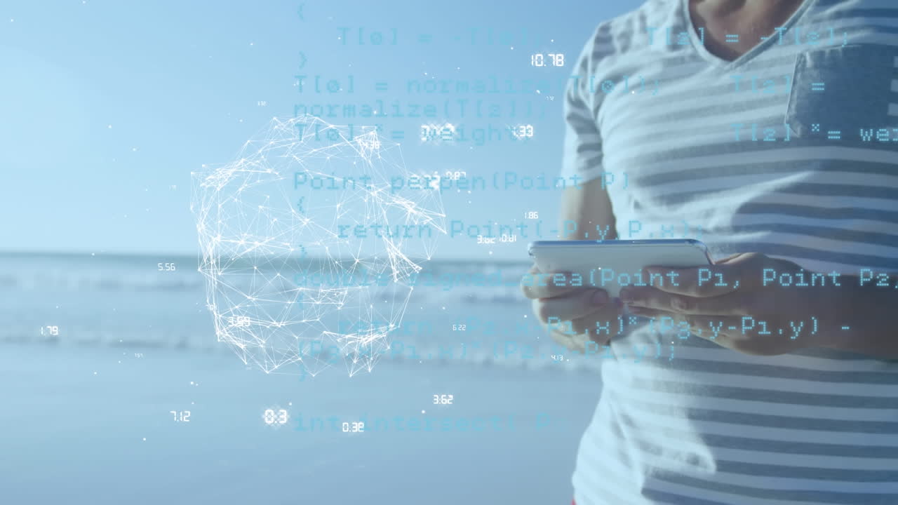 스마트 폰을 사용하는 두 인종 남성의 데이터 처리 및 전 세계 애니메이션