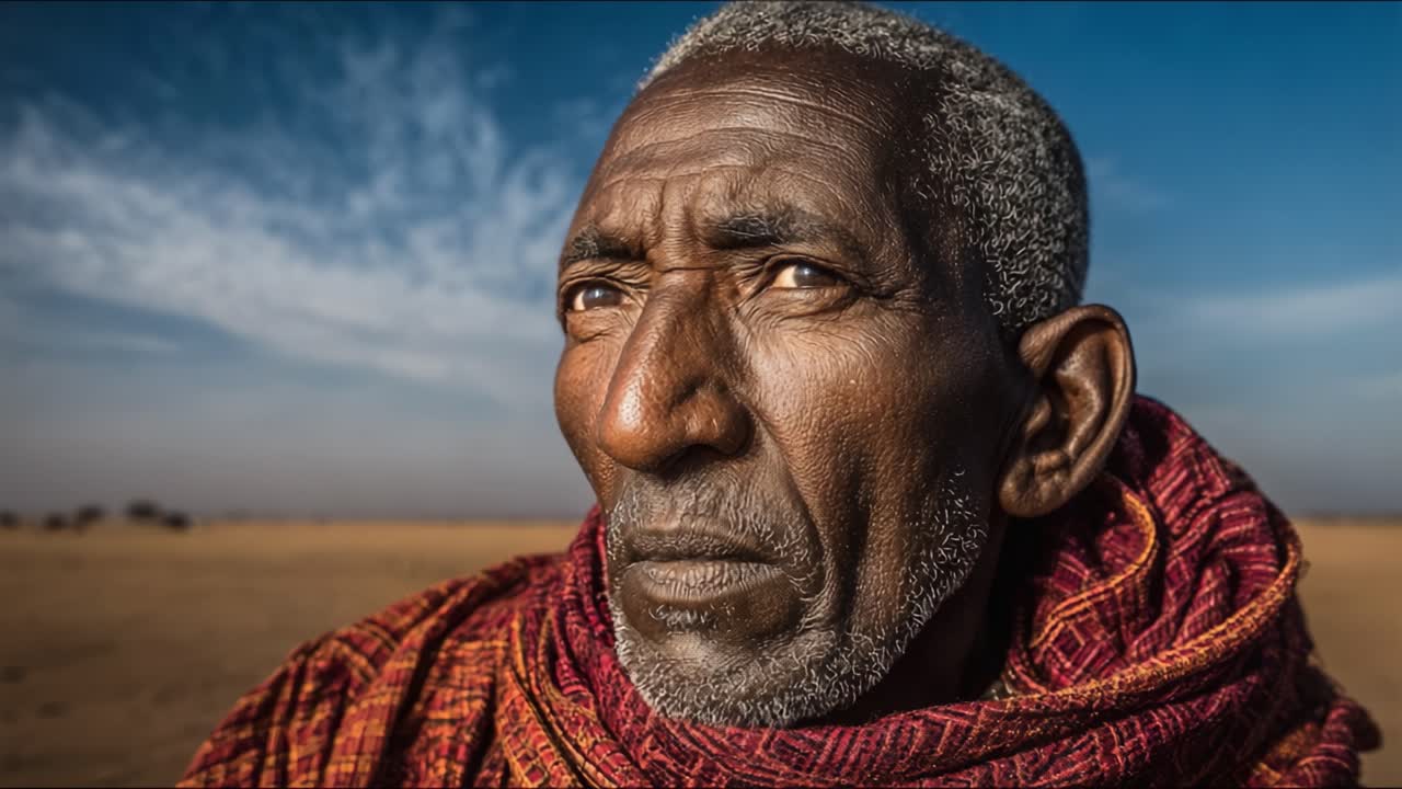 Un Ritratto di Saggezza: Catturare il Carattere Forte e le Esperienze di Vita nel Volto Segnato dal Tempo di un Uomo Sotto un Cielo Vasto.