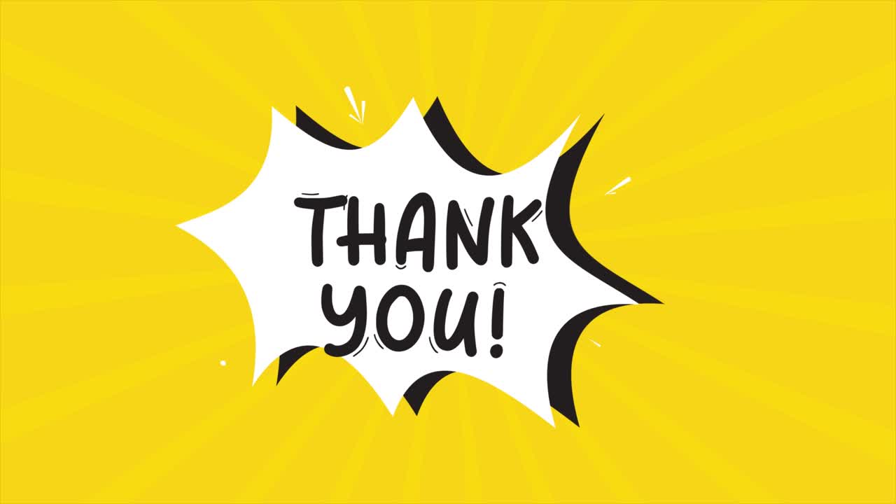 코 스트립 만화 애니메이션, '감사합니다'라는 단어가 나타납니다. 노란색과 반색 배경, 별 모양 효과