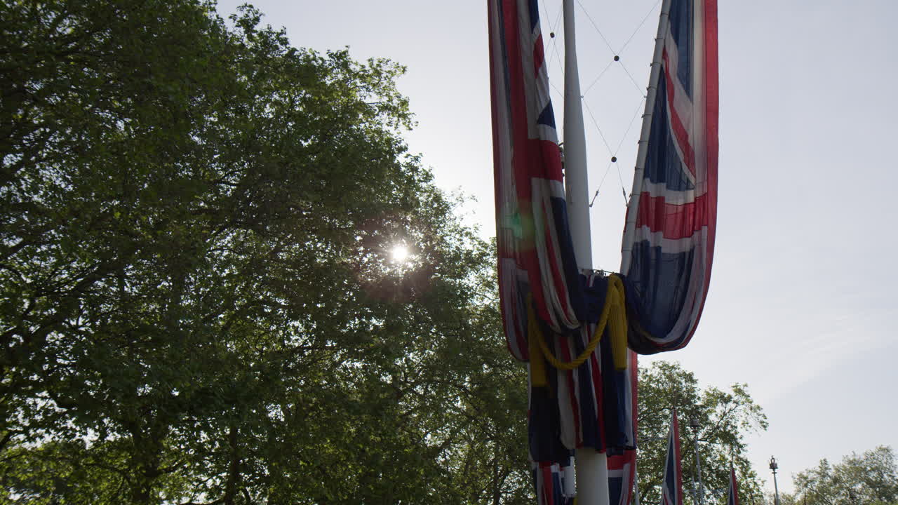 A View Of Union Jack Flags Along The Mall In Central London, England, United Kingdom