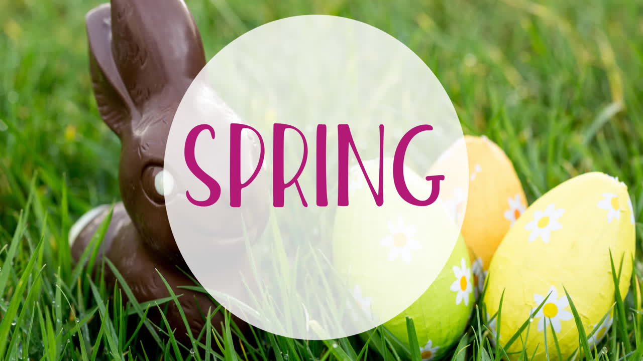 Animation of spring text over easter eggs and chocolate rabbit