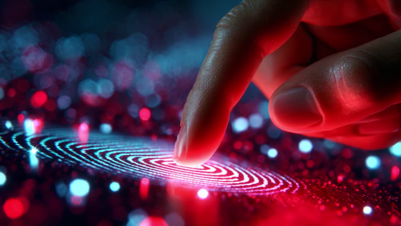 A close-up view of a human finger gently touching a vibrant, illuminated surface displaying concentric red and blue patterns, symbolizing advanced technology and digital interaction