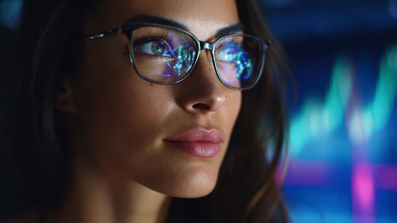 Primo piano di una donna riflessiva con gli occhiali che guarda intensamente uno sfondo di grafici digitali vivaci, catturando un'essenza di concentrazione e tecnologia moderna intrecciata con l'espressione umana
