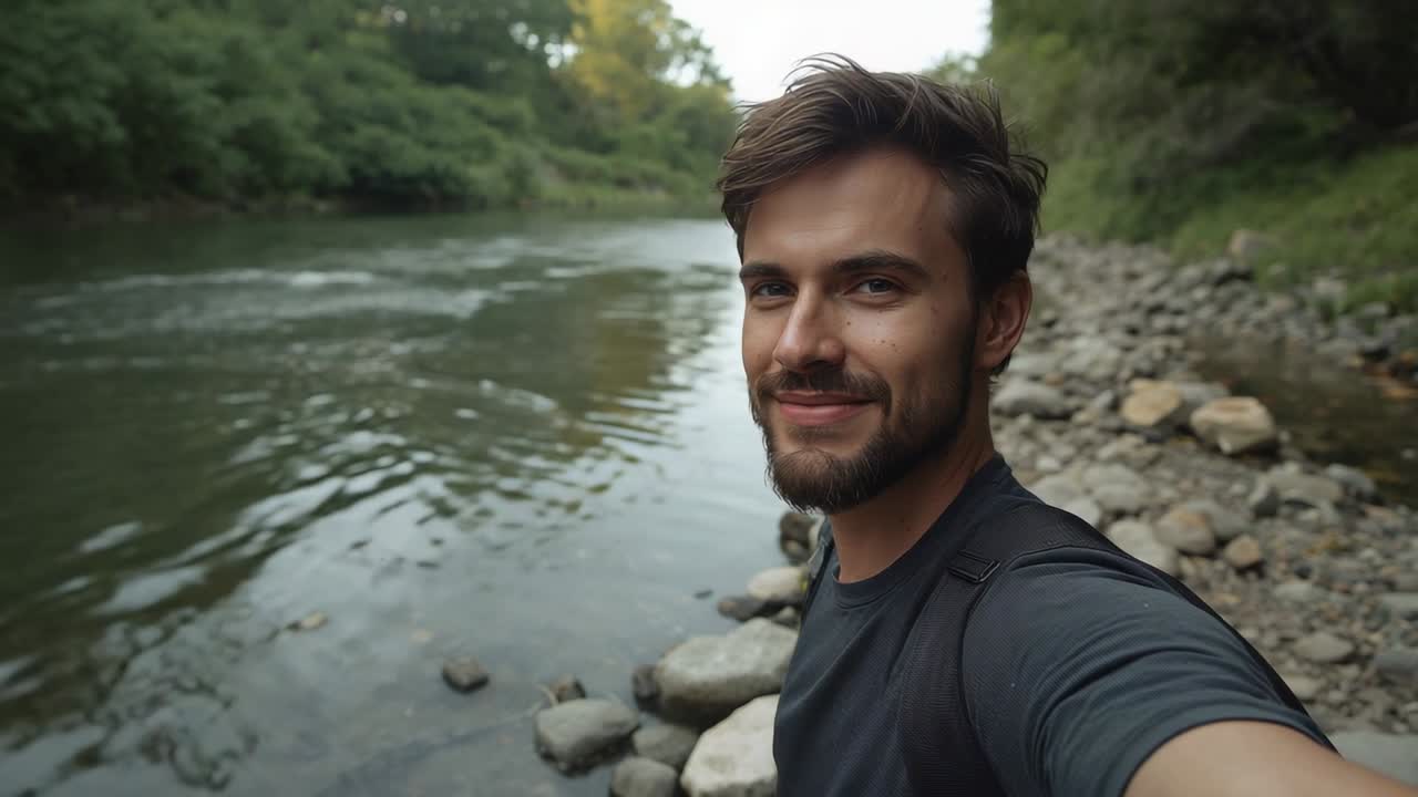 Levantando la cámara, excursionista con correa de mochila encuadrando una selfie en la orilla del río, documentando el viaje, espacio para texto.