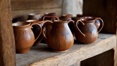 rustic handmade pottery mugs on a wooden shelf